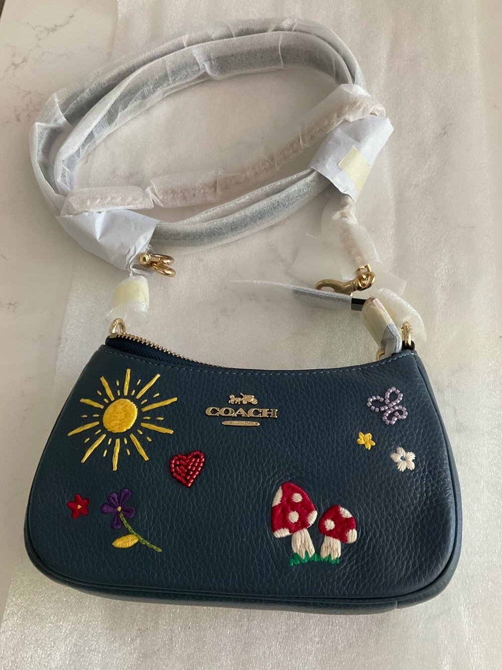 NWT Coach Teri Mini Crossbody Navy Mushroom Rainbow Embroidered Bag CDC86 - Picture 2 of 5